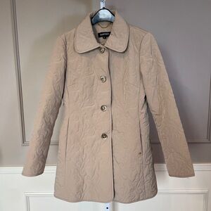 Ellen Tracy Medium Quilted Jacket Tan Khaki Neutral Long Length Tunic Hip EUC